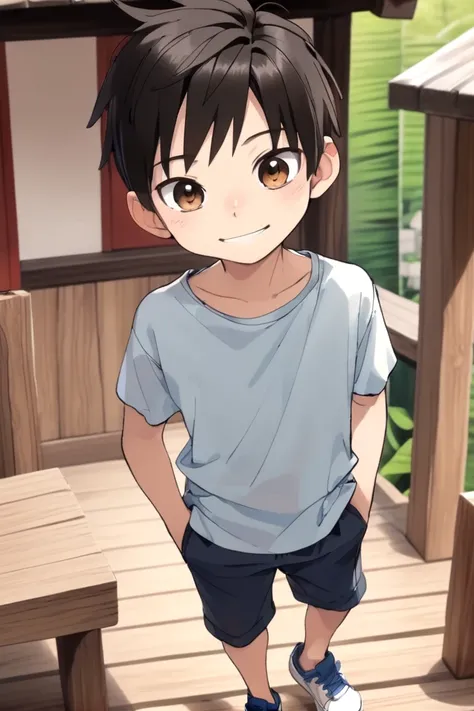<lora:cutifiedanimecharacterdesign_variant_type_D_SDXL_v10:0.7>
type-d, solo, looking at viewer, smile, short hair, shirt, black hair, 1boy, brown eyes, male focus, male child, wooden village, full shot, sneakers