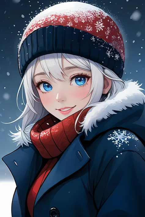 (best quality),((masterpiece)),(highres),illustration,original,extremely detailed,sr,1girl,solo,blue eyes,hat,snowing,smile,red headwear,coat,snow,white hair,upper body,beanie,