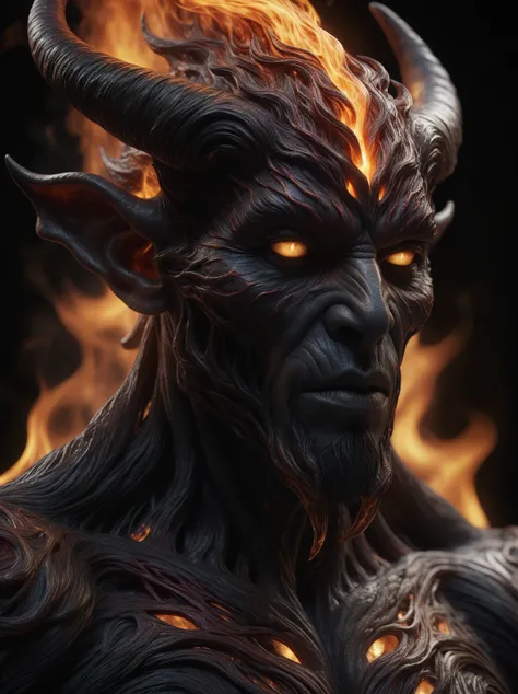 (8k, RAW photo, highest quality), hyperrealistic, intricate abstract, intricate artwork, abstract style, striking portrait, menacing, otherworldly creature, [demon:darkness:35], [flames:magma:40], with swirling flames cascading from its body, fearsome powe...