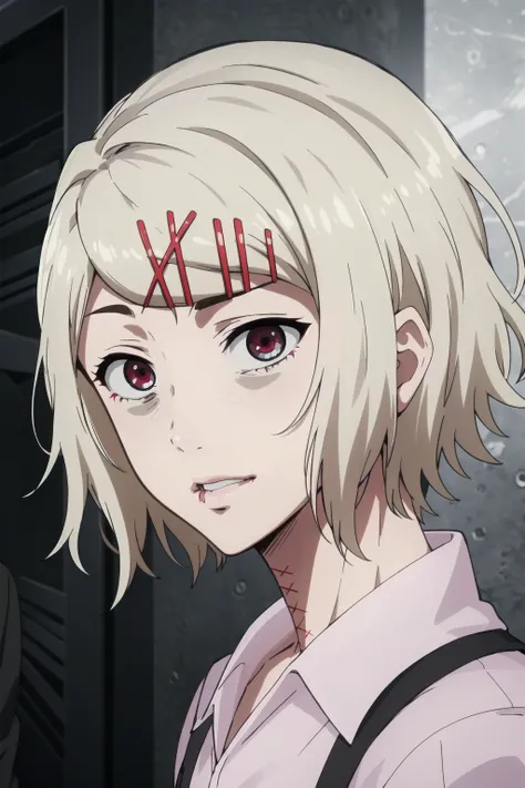 (masterpiece, best quality, high quality, highres, ultra-detailed), 
juuzou-suzuya, 1boy, androgynous, solo, short hair, hair ornament, white hair, male focus, hairclip, x hair ornament, pale skin, stitches, stitched face, upper body, 
<lora:Juuzou_Suzuya-...