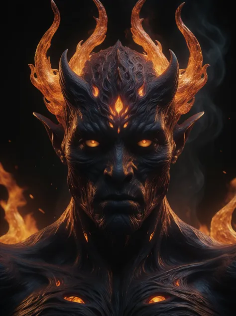 (8k, RAW photo, highest quality), hyperrealistic, intricate abstract, intricate artwork, abstract style, striking portrait, menacing, otherworldly creature, [demon:darkness:35], [flames:magma:40], with swirling flames cascading from its body, fearsome powe...