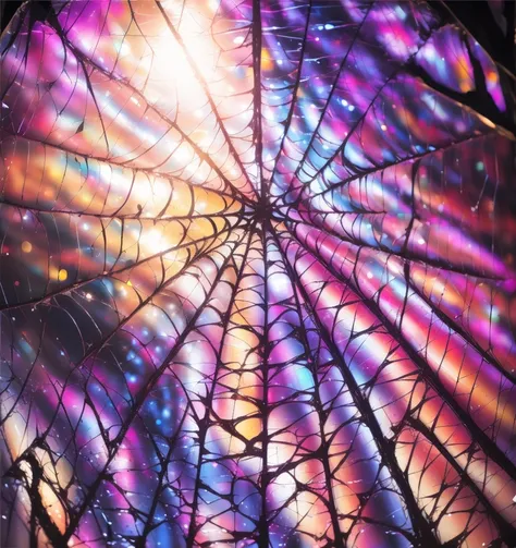 no humans, spider web, sun, sky, fence, scenery, stained glass, lens flare, chain-link fence <lora:spiderWeb:0.8>