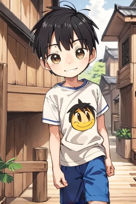 <lora:cutifiedanimecharacterdesign_variant_type_D_SDXL_v10:0.7>
type-d, solo, looking at viewer, smile, short hair, shirt, black hair, 1boy, brown eyes, male focus, male child, wooden village, full shot, sneakers