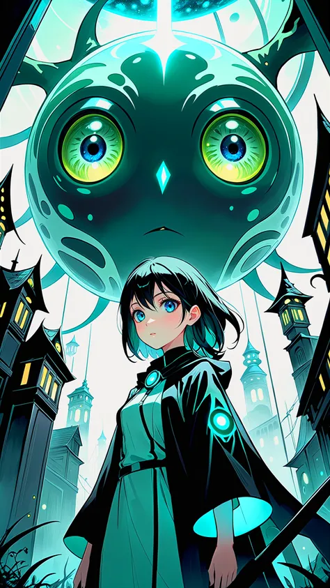 by oda non, by rella, 1girl, detailed eyes, mage staff, depth of field, perspective from below masterpiece, a vivid and haunting scene   in a world dominated by creatures from the realms of science-fiction, eerie  dystopian