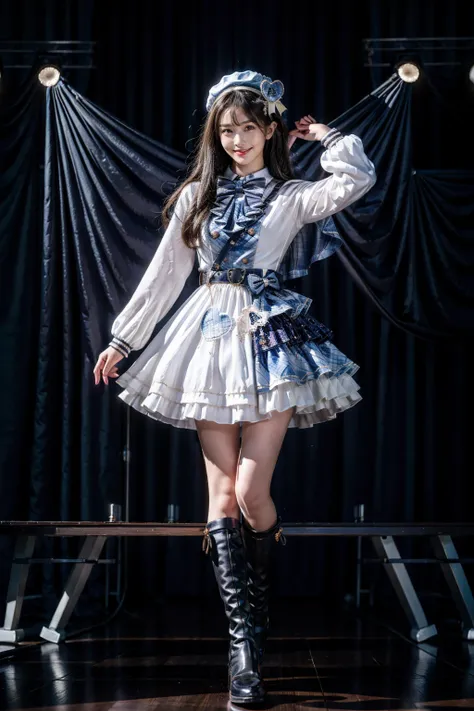 best quality, masterpiece, photorealistic, 1girl, solo, full body, standing, long straight hair, looking at viewer, dynamic pose, smile, cyb dress, capelet, long sleeves, belt, bow, bowtie, hat, headwear, white knee boots, stage in the backgorund, stage li...