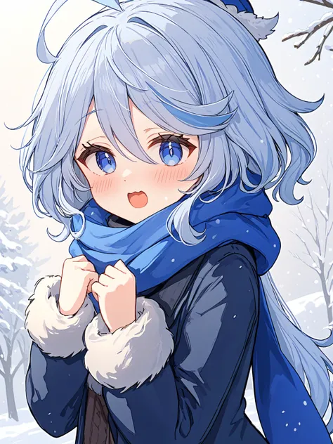 <lora:shuishen:1>,1girl, scarf, solo, ahoge, coat, blue_scarf, blush, upper_body, long_sleeves, snowing, long_hair, virtual_youtuber, fur_trim, hair_ornament, hands_up, winter_clothes, own_hands_together, breath, :o, blue_coat, open_mouth, snow