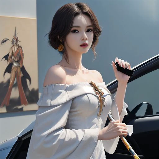 <lora:g	QgeN-0000010:1>,she is wearing an off the shoulder dress,holding the fangtian painting halberd in hand,  fluttering clothes and clothes,absurdres is extremely beautiful,she drove the boss of the transformers,optimus_primal,