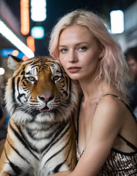 close-up photo of an (Albino woman:1.1), embracing a (majestic Bengal tiger:1.3) with mutual affection, both featuring cybernetic enhancements, neon-striped fur, tigers glowing eyes, woman and tiger resting on a (futuristic metal ledge:1.2), overlooking a ...