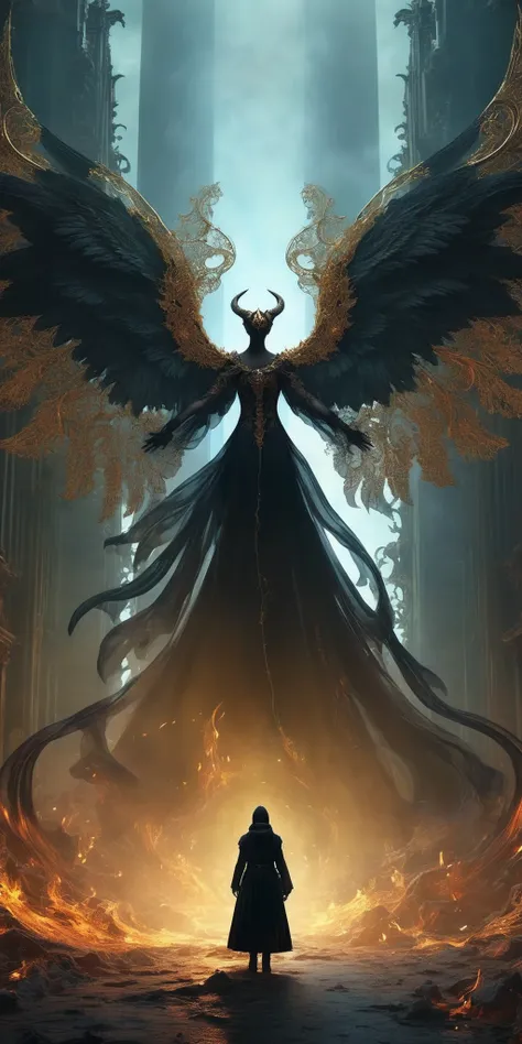Masterpiece, best quality, epic scenes, impactful visuals, dark angels descending from the sky, dark corruption, partial corruption, coldness, expressionless, pale skin, demon horns, lace patterns, black gold themes, dark evil wings, bold shapes, dark magi...
