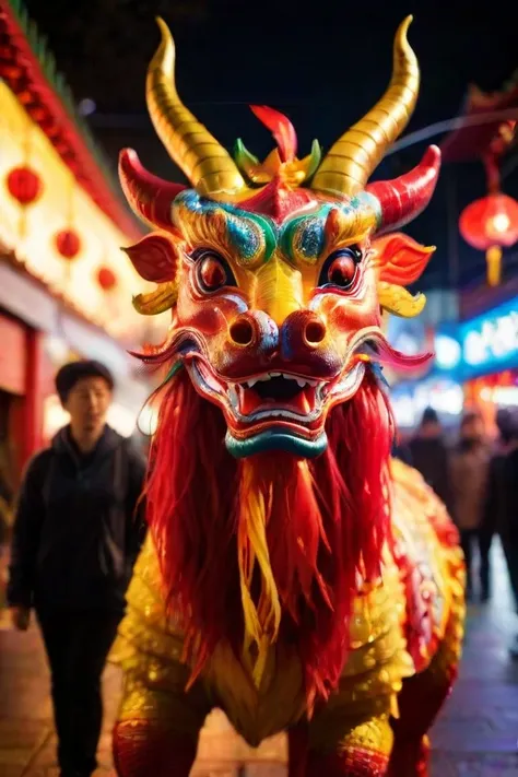 A vivid and ((multicolored Qilin), midnight, in a chinese red lantern festival street with people walking around), magnificent horns, vibrant feathers, majestic and legendary, captures attention with its vibrant hues, colorful high contrast, from china, fe...