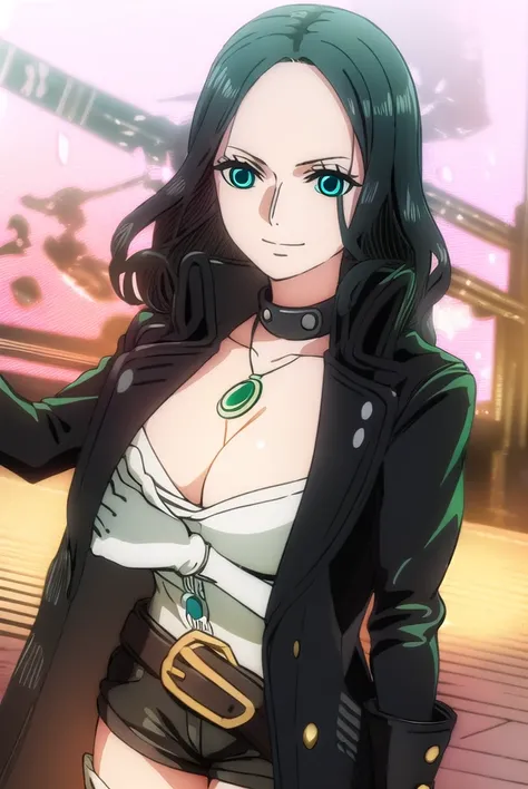 nicorobin, <lora:nico robin red movie-lora-nochekaiser:1>,
nico robin, long hair, (black hair:1.5), (forehead:1.2), (green eyes:1.3), smile,
BREAK gloves, cleavage, jewelry, open clothes, shorts, choker, black gloves, belt, necklace, bra, coat, short short...