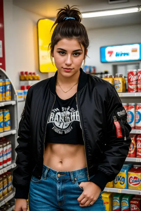 candid photography photo of a 23 year old european woman, upper body, undercut hairstyle, fit body, punk shirt, jeans, bomber jacket, inside convenience store, under bounced light, on a Fujifilm X-T4