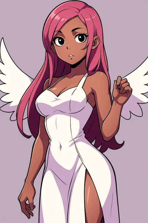 hotify,parted lips,dark skin,feathers,wings,check copyright,ooyari ashito,1girl,long hair,white dress,dark-skinned female,pink hair,non-web source,dress,white wings,simple background,black eyes,looking at viewer,solo,expressionless