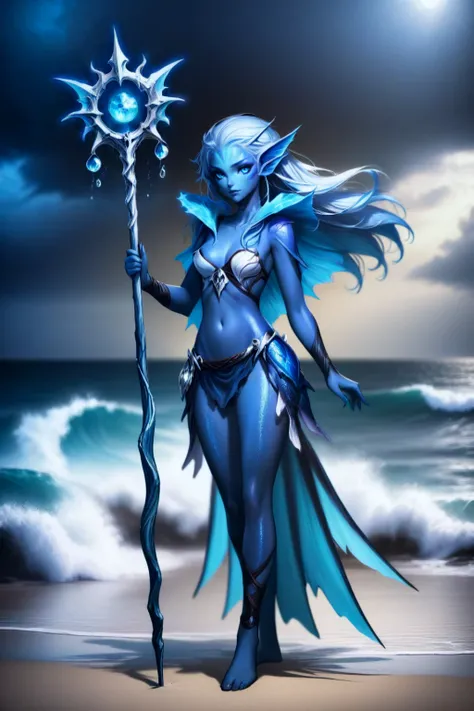 ocean wave, strom elf, a beautiful lady holding a staff, full body