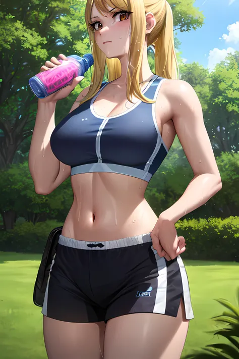 masterpiece, absurdres , (intricate details), (colorful),cinematic lighting,bust shot,extremely detailed CG unity 8k wallpaper,  <lora:lucyheartfilia-055555:0.8> lucyheartfilia, sports bra,shorts, sportswear,sweat, outdoors, park, sunlight, looking at view...