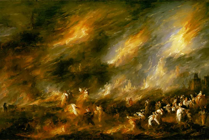 battle, siege, burning city, ((in the style of turner)), oil painting,