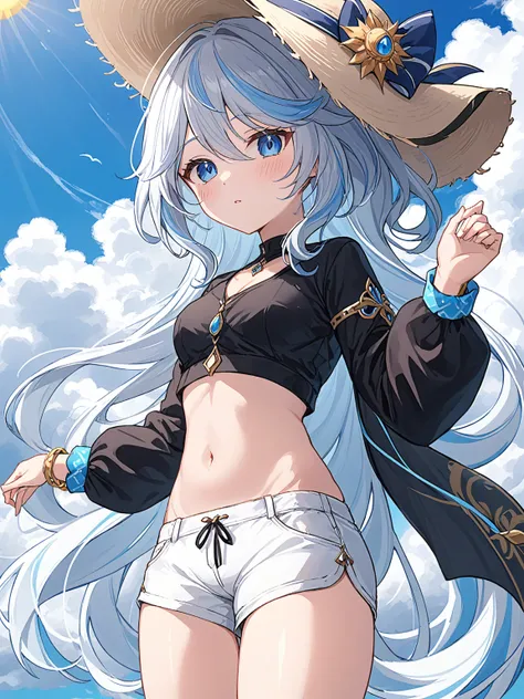 <lora:shuishen:1>,1girl, solo, long_hair, navel, midriff, sun hat, black shirt, white shorts, looking_at_viewer, bracelet, jewelry, stomach, parted_lips, breasts, sky, standing, long_sleeves, floating_hair, cloud, outdoors, day, two-tone_hair, thighs, vir...