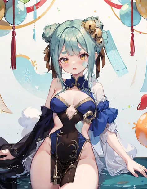 masterpiece, detailed, high quality, absurdres, yoki, 1girl, solo, blush, small breasts, curvy, narrow waist, wide hips, thick thighs,
BREAK green hair, double bun, sidelocks, bangs, hair ribbon, hair bell, 
BREAK china dress, clothing cutout, cleavage cut...