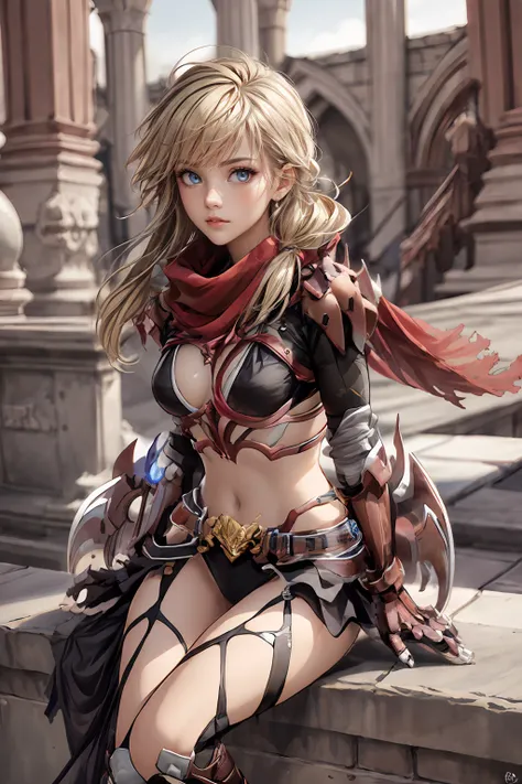 (masterpiece, best quality:1.2), absurdres, intricate detail, realistic, photorealistic, 4k, highres, 1girl,  blonde hair,  blue eyes, fierce, red scarf, bikini armor, ragnarok_gx  <lora:ragnarok_gx-10:1>, medium shot,  looking at viewer, sitting, arabian ...
