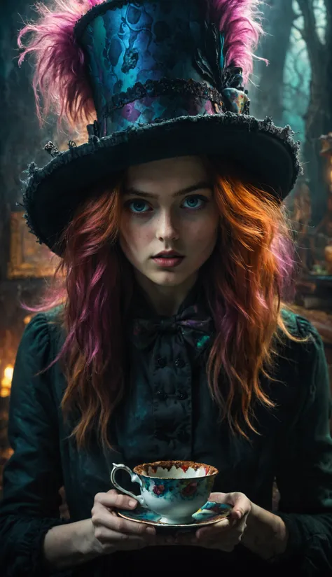 portrait young mad hatter girl,(crazy:1.4), alice in wonderland, rim light, dark light, low light,  cold colors, surreal art, portrait, creepy, horror, (vibrant colors:1.4),  deep detailed wonderland background, , vivid colors, colored hair, wind hair,huge...