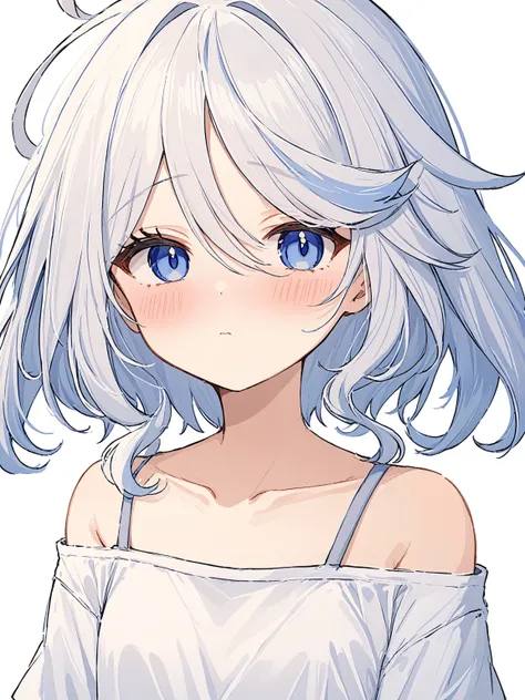 <lora:shuishen:1>,1girl, solo, long_hair, white_background, looking_at_viewer, shirt, simple_background, blush, white_shirt, closed_mouth, upper_body, ahoge, collarbone