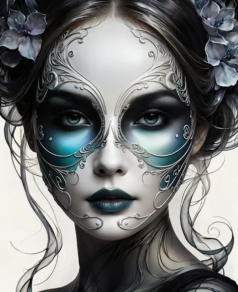 best quality, digital painting, extremely smooth, fluid, dreamy, smooth, shimmering, dreamy glow, stylized colored inking art by anna dittmann, arthur rackham, Wet black and white color inks line art dreamy feminine face mask, death mask, upper half of mas...