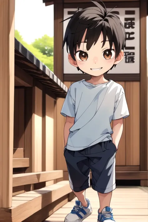 <lora:cutifiedanimecharacterdesign_variant_type_D_SDXL_v10:0.7>
type-d, solo, looking at viewer, smile, short hair, shirt, black hair, 1boy, brown eyes, male focus, male child, wooden village, full shot, sneakers