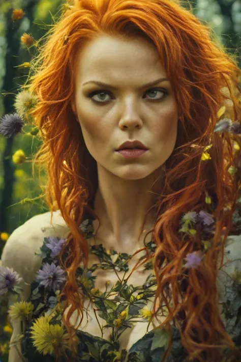 beautiful woman, red hair, forest in background, flowers, intricate details, masterpiece, hyper realistic, realism, photography,...