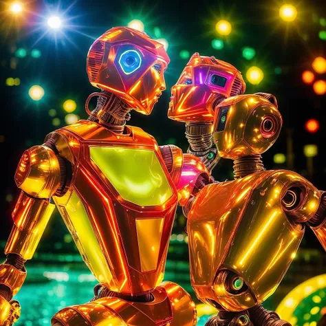 Disco-themed  ( robotic:1.5) Golden Hour Romance Create a romantic scene with the robotic beauty in the river during the golden hour. Use soft, warm lighting, golden reflections, and a low camera angle to highlight the enchanting features. . Vibrant, groov...