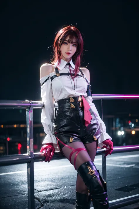 best quality, masterpiece, photorealistic, 1girl, solo, bangs, looking at viewer, cowboy shot, standing, arms at side, red hair, kafka cosplay costume, kafka, cosplay, eyewear on head, shirt, gloves, shorts, legwear under shorts, bare shoulders, off-should...