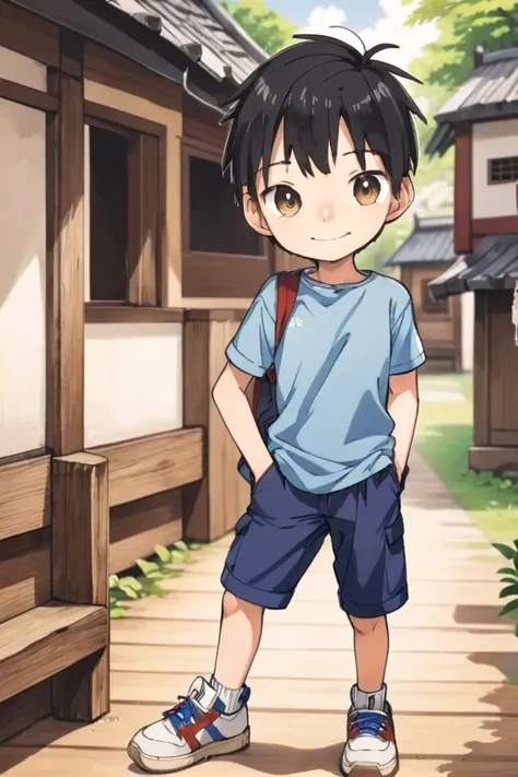 <lora:cutifiedanimecharacterdesign_variant_type_D_SDXL_v10:0.7>
type-d, solo, looking at viewer, smile, short hair, shirt, black hair, 1boy, brown eyes, male focus, male child, wooden village, full shot, sneakers