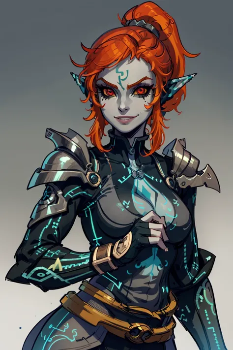 ((masterpiece,best quality)), <lora:Twilight_Theme_Zelda_Anime:0.8>, (Twilight_Theme_Zelda), glow, glowing, green glow, dark skin, grey skin, glowing tattoo, pointy ears, 1girl, smile, red eyes, orange hair, yellow sclera, smug, shiny metal, fingerless ...