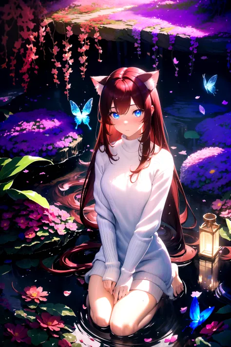 (masterpiece, best quality, highres), 1girl, raifu, solo, abstract, pov, seiza,
BREAK
dark background, depth of field, rim lighting, flowers, petals,
crystals, cave, butterfly, vegetation, aura, magic, water,
BREAK
dark red hair, blue eyes, straight hair, ...