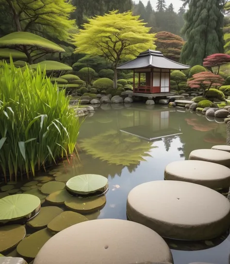 Stepping stones across a tranquil pond, leading to a tea house.