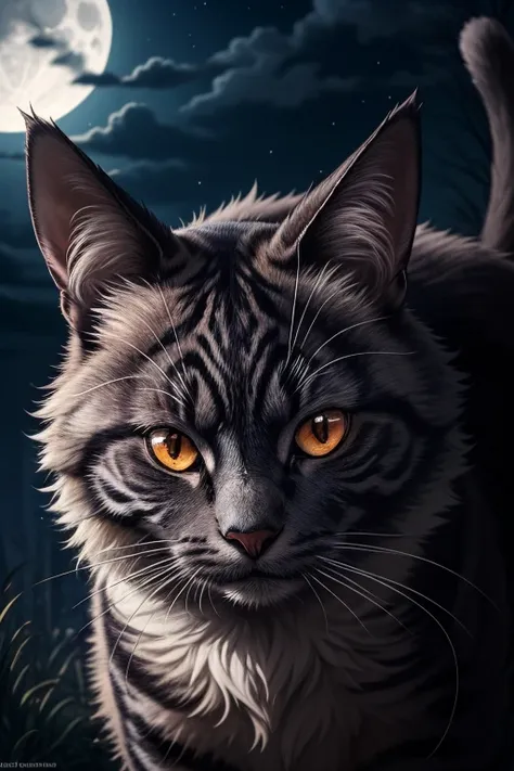 black fluffy gorgeous dangerous cat animal creature, large orange eyes, big fluffy ears, piercing gaze, full moon, dark ambiance, best quality, extemely detailed <lora:detail_slider_v4:1.3>