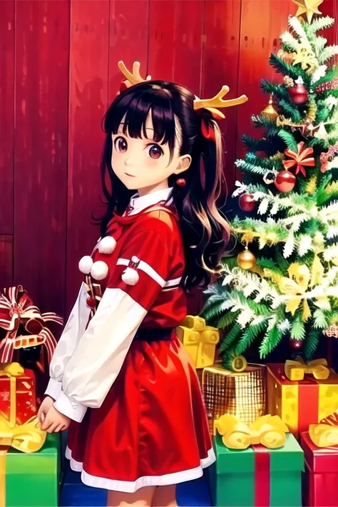 (masterpiece:1.2), best quality, masterpiece, highres, original,perfect light, 4k,8k,1girl, antlers, black hair, brown eyes, brown hair, candy cane, christmas, christmas lights, christmas ornaments, christmas tree, earrings, gift, gift box, holly, jewelry,...