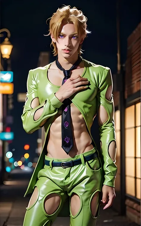 fugo,  1boy,  feminine,  light skin,  official style,  black necktie,  tie,  purple eyes,  standing,  shoes,  araki,  green suit,  clothing cutout,  solo,  navel,  interior background,  nomura tetsuya,  blonde hair,  thin waist,  stud earrings,  teen,  pos...