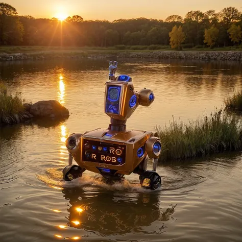 professional 3d model  ( robotic:1.5) Golden Hour Romance Create a romantic scene with the robotic beauty in the river during the golden hour. Use soft, warm lighting, golden reflections, and a low camera angle to highlight the enchanting features. . octan...