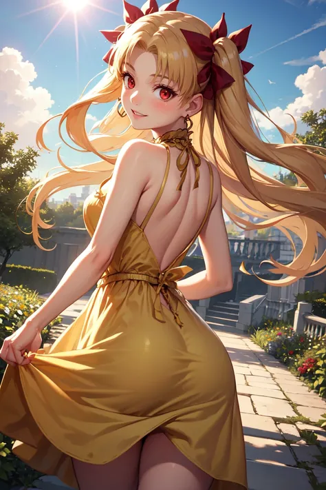 masterpiece, best quality, absurdres, Ereshkigal, two side up, hair ribbon, from behind, (yellow sundress), garden, day, sunshine, smile, looking back, red eyes, <lora:EreshkigalV2:1.0>