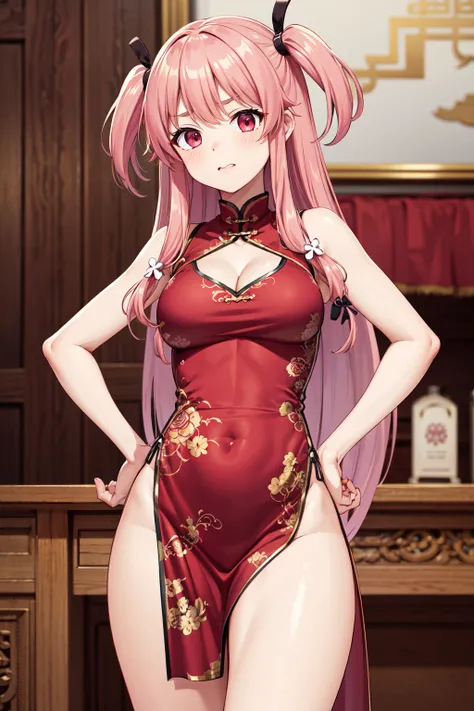 masterpiece,best quality,highres,ultra-detailed,aayui,long hair,two side up,hair ribbon,hair ornament,choker,<lora:yui_(angel_beats!):0.7>,bare shoulders,china dress,chinese clothes,short dress,cleavage cutout,sideboob,thighs,hands_on_hips,furrowed_brow,in...