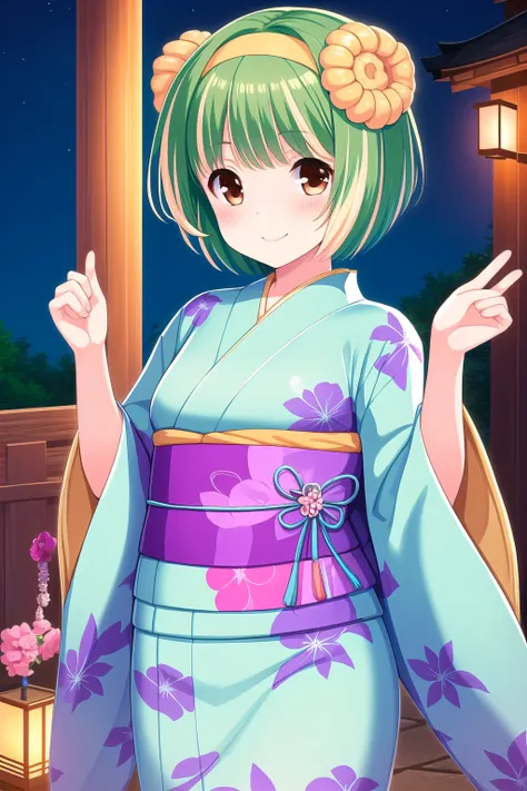 (masterpiece, best quality), highly detailed background, perfect lightingbest quality, ishidaisuki, solo, outdoors, night, green hair, two-tone hair, blonde hair, sheep horns, hair ornament, orange hairband, short hair, brown eyes, yellow kimono, floral pr...