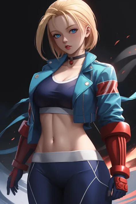 ((best quality)), absurdres, ((ultra high res)), cammy white, a woman with a blue jacket and red gloves, extremely detailed, 8k, masterpiece, <lora:cammy-20:0.8>