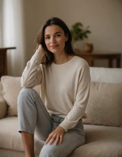 A photo of a woman sitting on a cozy couch, crossing legs, soft light, relaxed posture, comfortable home setting, warm tones, intimate atmosphere, casual clothing, subtle smile, (ambient lighting:1.2), natural color palette, serene expression, high-resolut...