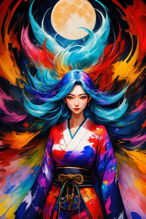 abstract expressionist painting of 1 beautiful japanese woman, solo, bright detailed eyes, colorful hair, vibrant colors, illuminated, lunar radiance <lora:add_detail:0.8> standing in front of a cave, energetic brushwork, bold colors, abstract forms, exp...