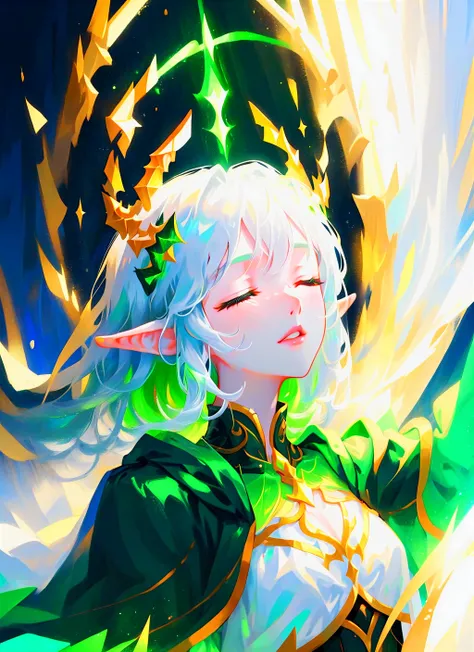 1girl, solo, golden jewelry, closed eyes, upper body, (green hair:1.1), white hair, multicolored hair, parted lips, light particles, elf, pointy ears