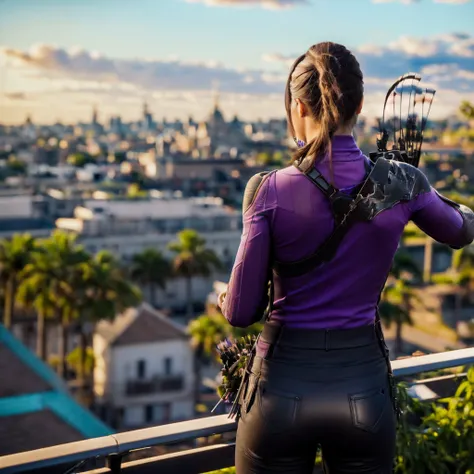(((a woman holding bow and arrows on back standing on the egde of a high building observing the city:1.2))) (upper body), <lora:KateBishopFNLoRA:1> katebishop with long brown hair, ponytail and purple outfit, arrows and bow, beautiful eyes, beautiful girl,...
