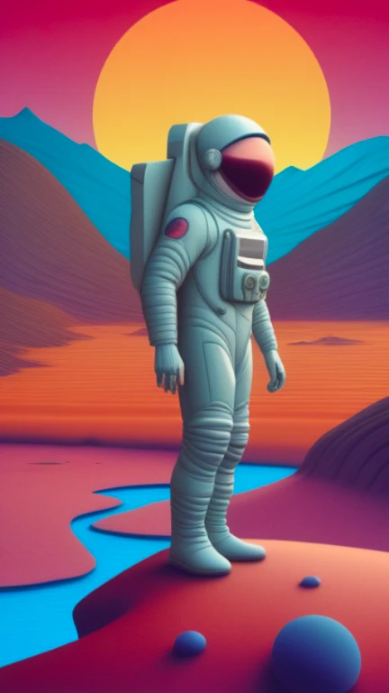 An astronaut exploring a surreal alien landscape Combining the styles of Salvador Dali, Vincent Van Gogh, and Alphonse Mucha Futuristic surrealism with flowing organic shapes and vibrant colors Evoking curiosity, awe, and a sense of exploration Using imagi...