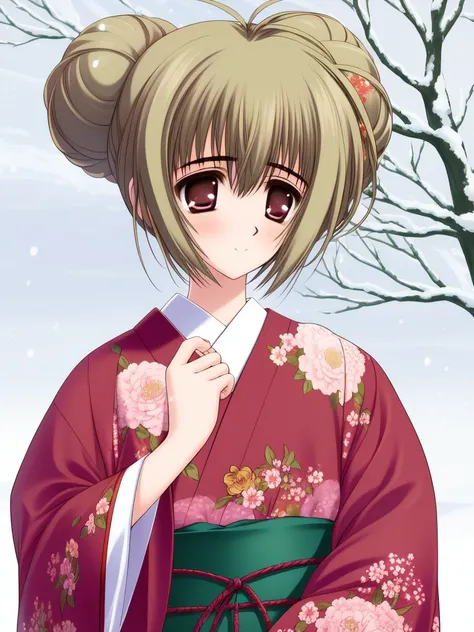 <lora:MiyanokoujiMizuho:1>, MiyanokoujiMizuho, 1girl, japanese clothes, kimono, solo, brown eyes, brown hair, green kimono, torii, snow, sash, floral print, obi, smile, green hair, blush, long sleeves, short hair, hair bun, braid, day,
masterpiece, high qu...