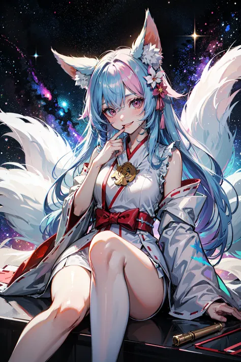 ((best quality, masterpiece, absurbres, super-resolution)) (nine-tailed fox), seductive miko, shrine, big fluffy tails, (Pastel Galaxy Colors:1.5), talismans, (Illuminations, Luminous:1.3)