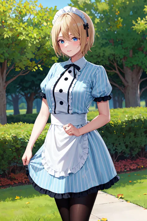 masterpiece, best quality, highres, 1girl, solo, short hair, blonde hair, blue eyes, maid headdress, neck ribbon, frills, vertical-striped dress, blue dress, short sleeves, white apron, black pantyhose, <lora:hououji_akane_v1:0.7>, standing, cowboy shot, o...